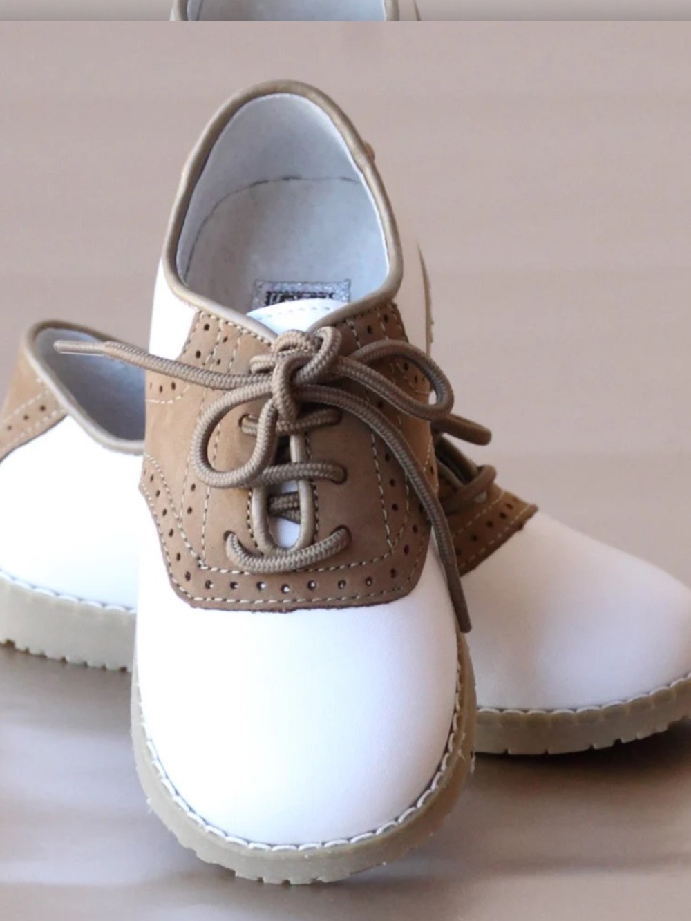 L'Amour White & Khaki Saddle Oxford Kids Dress Shoes